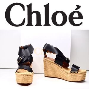 Chloé Lauren Scalloped Leather Wedge Sandal Size 37 US SIZE 7